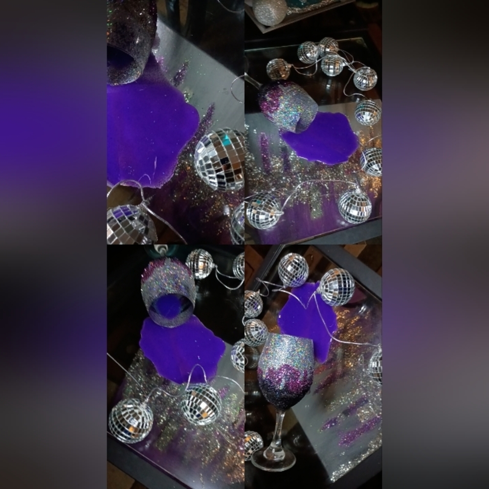 Purple Glitter Wine Glass -fake Spill decor